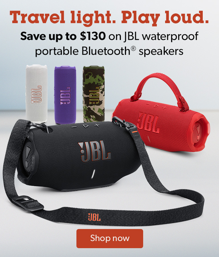 Travel light. Play loud. Save up to $130 on JBL waterproof portable Bluetooth speakers.